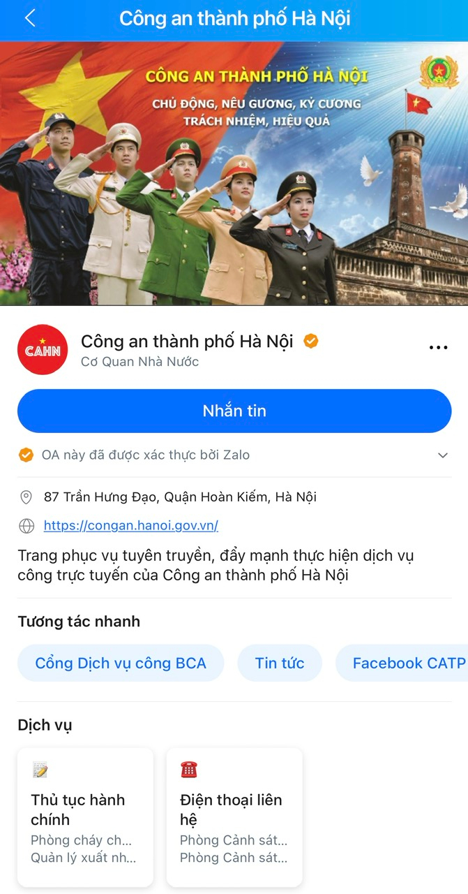 Công an Hà Nội đã triển khai trang mạng xã hội Zalo đẩy mạnh dịch vụ công trực tuyến