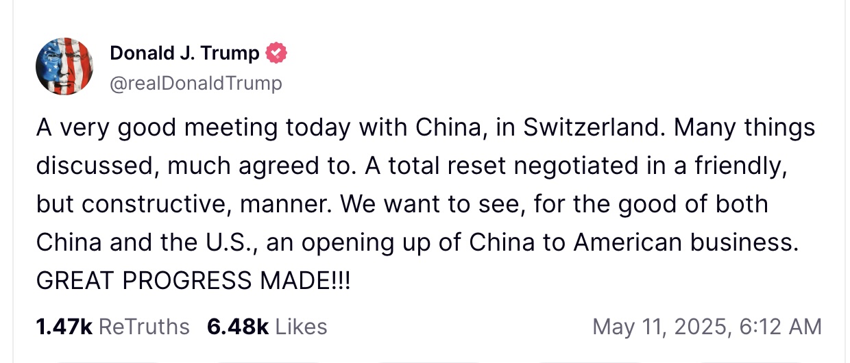 Bitcoin và loạt tiền số tăng mạnh Tuyên bố mới nhất của ông Trump về quan hệ thương mại Mỹ - Trung trên mạng xã hội Truth. Ảnh chụp màn hình.